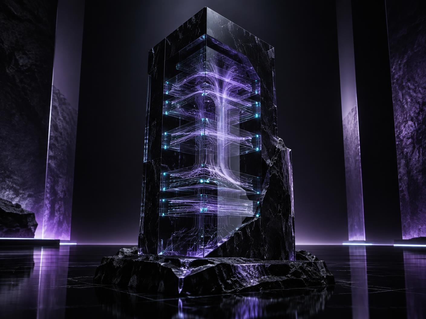 Obsidian AI security sculpture with illuminated computational pathways