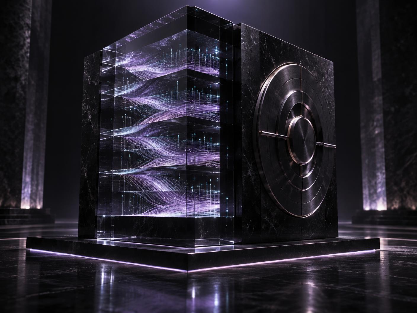 Obsidian data vault sculpture with illuminated protected information layers